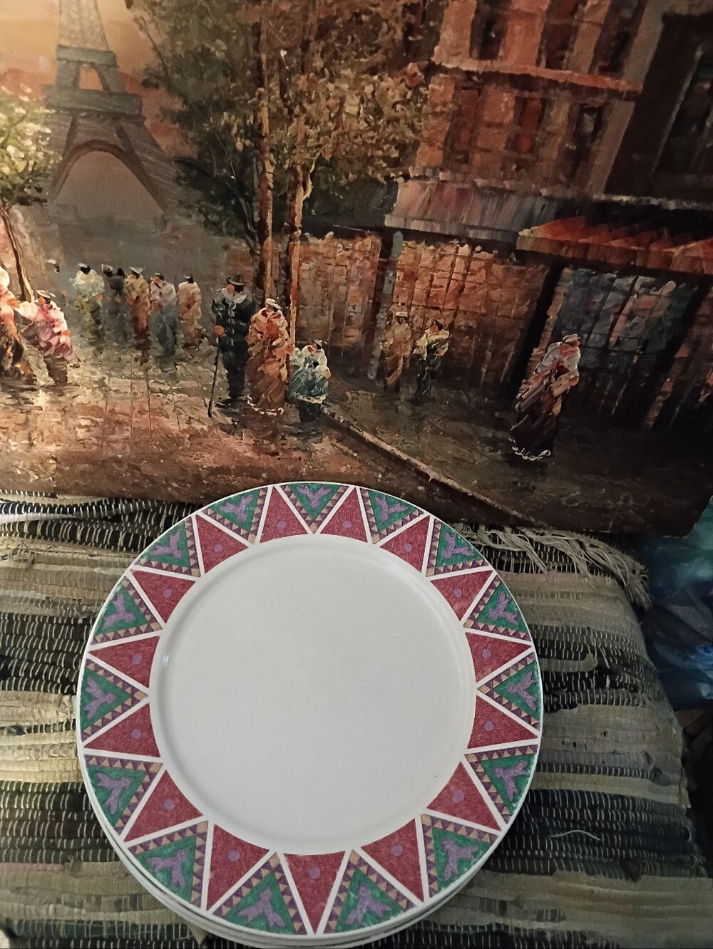 Geometric Pattern Dinner Plate - Pink & Teal Rim